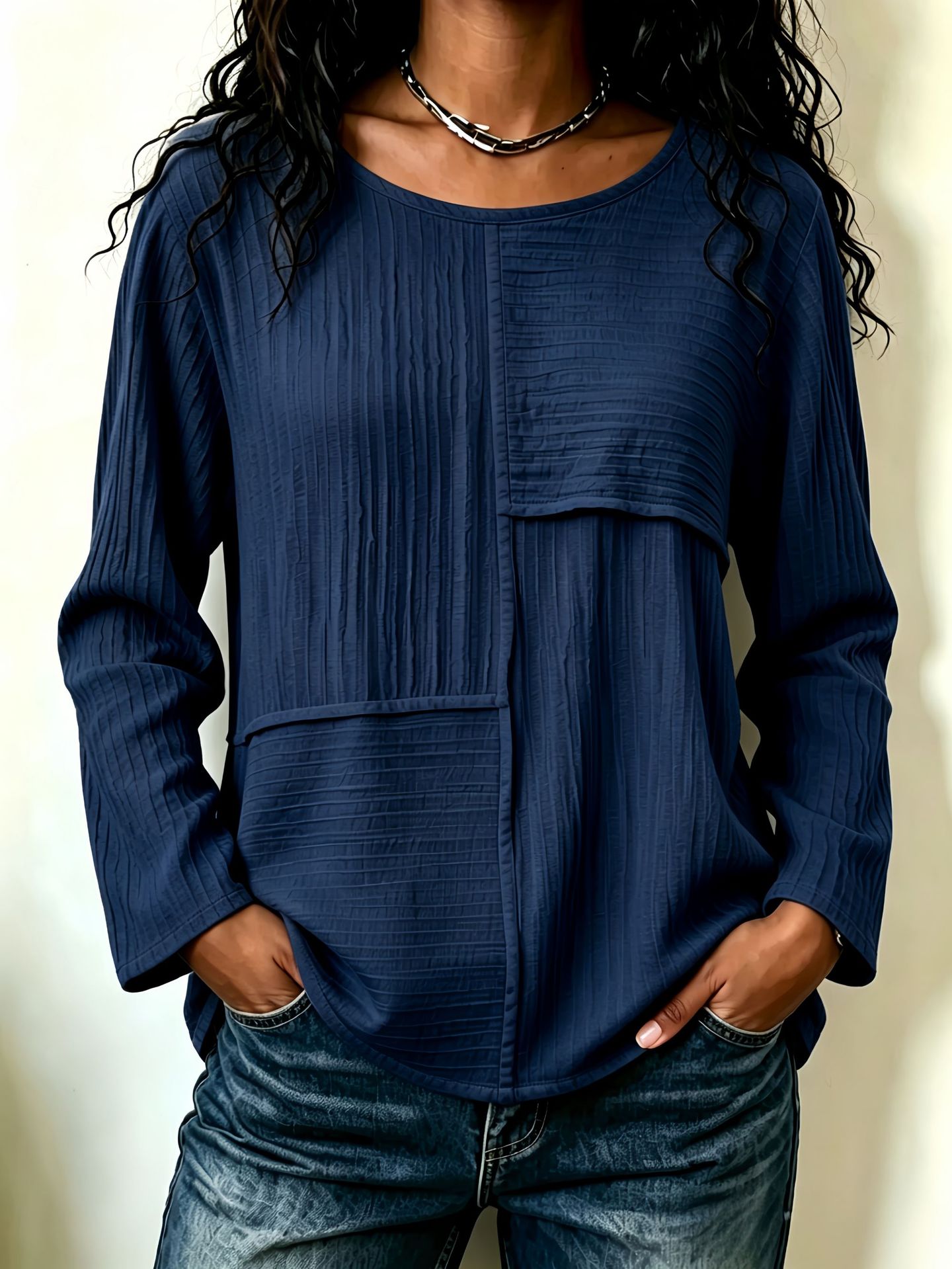 Women’s Patchwork Crewneck Long Sleeve Top Textured Loose Fit Casual Blouse