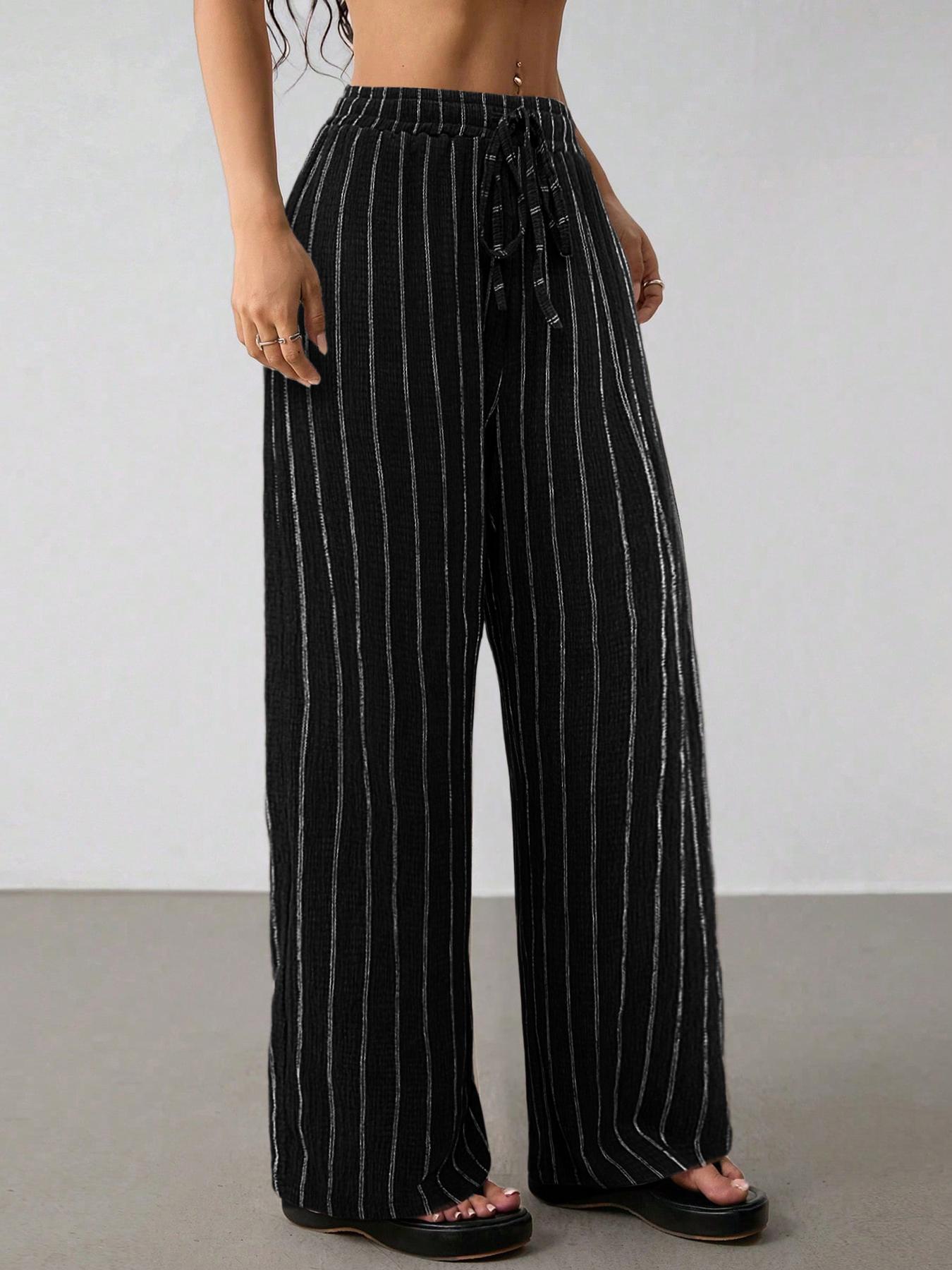 Women’s Striped Wide Leg Pants High Waist Drawstring Casual Loose Trousers