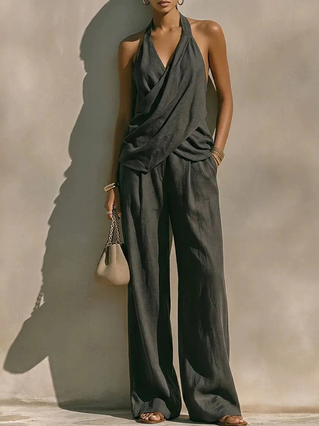 Halter Draped Crossover Top & Wide Leg Pants 2-Piece Set