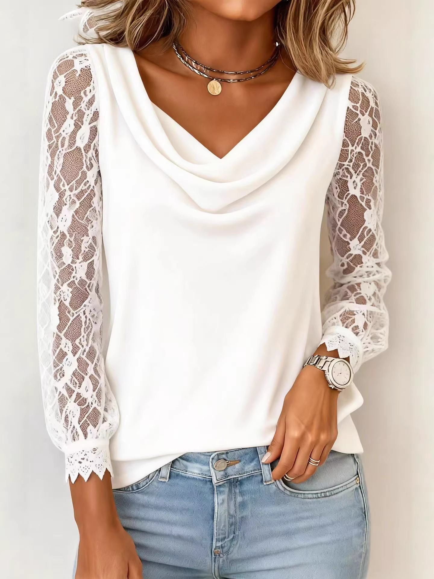Lace Sleeve Draped Cowl Neck Blouse