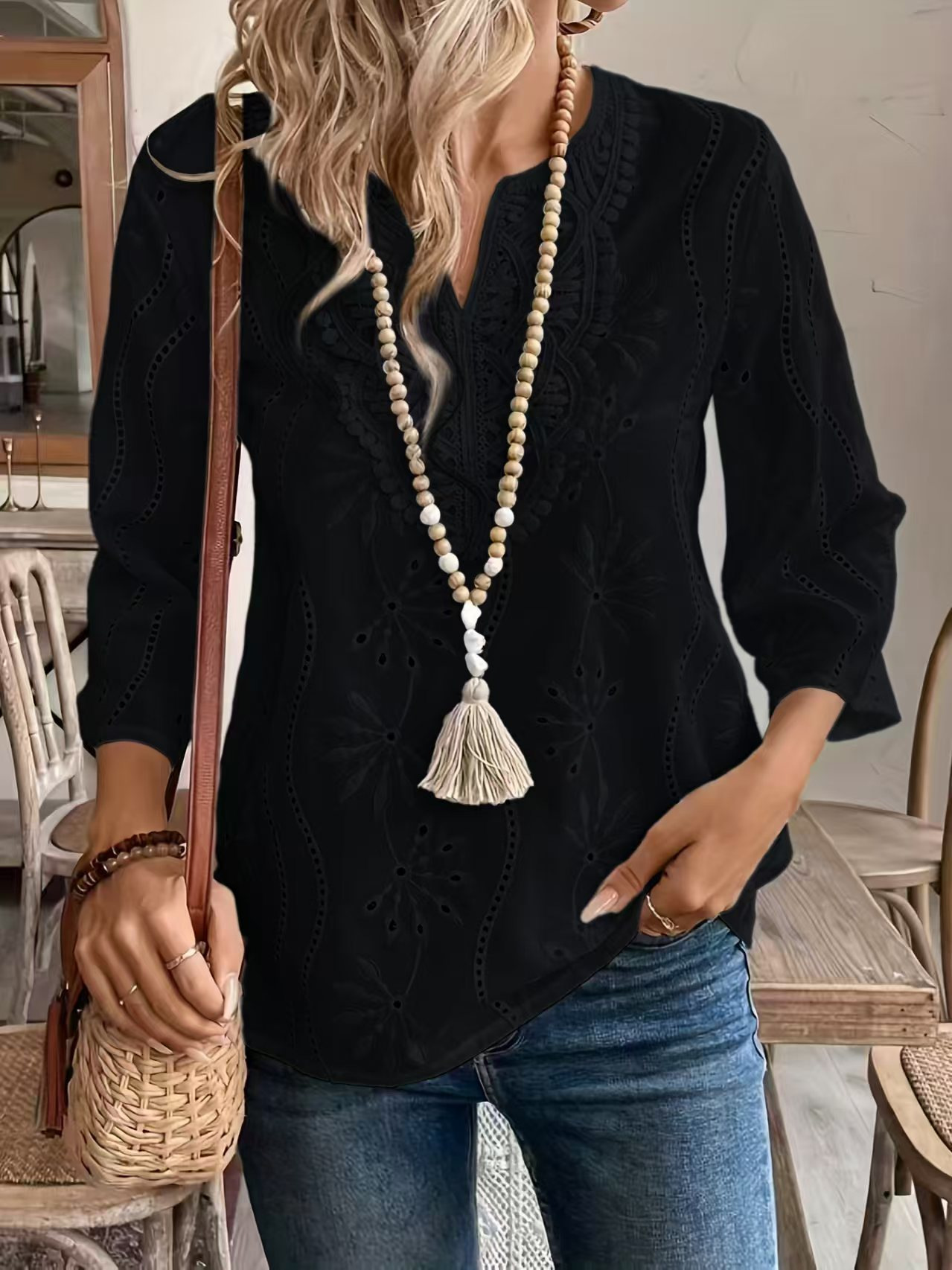 White Eyelet Embroidered Split Neck Three-Quarter Sleeve Blouse
