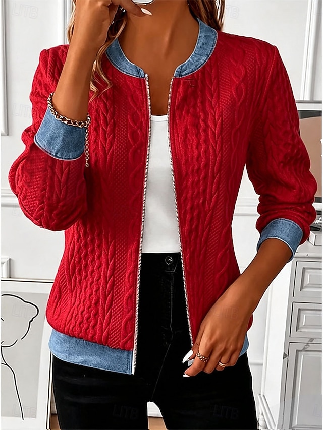 Women’s Textured Knit Jacket with Denim Contrast Trim, Zip Front Casual Bomber Jacket