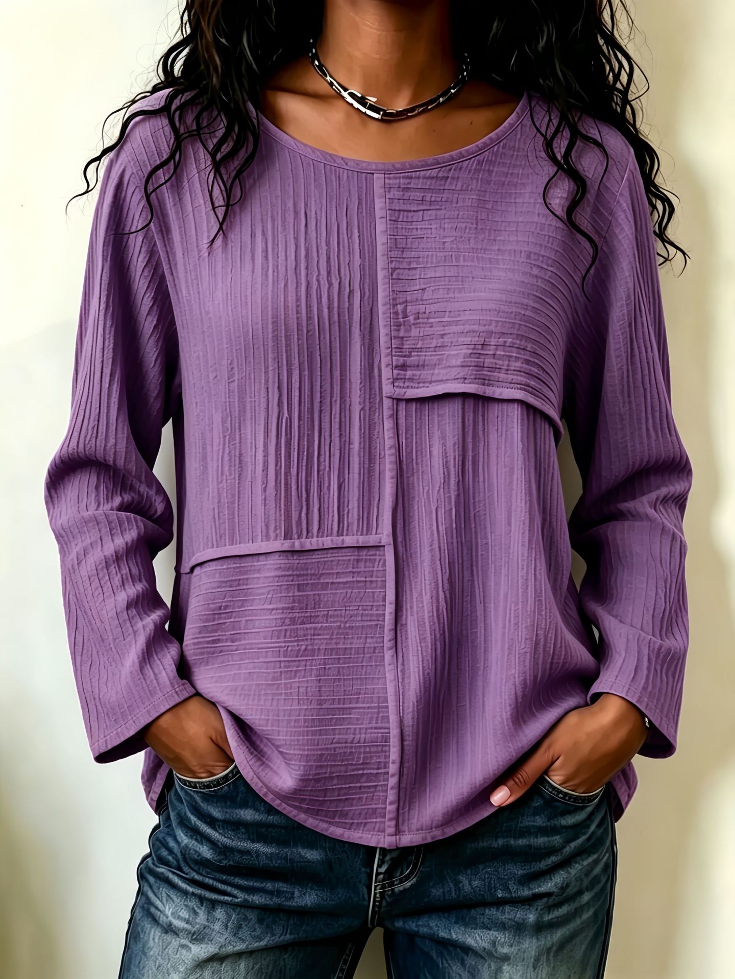 Women’s Patchwork Crewneck Long Sleeve Top Textured Loose Fit Casual Blouse