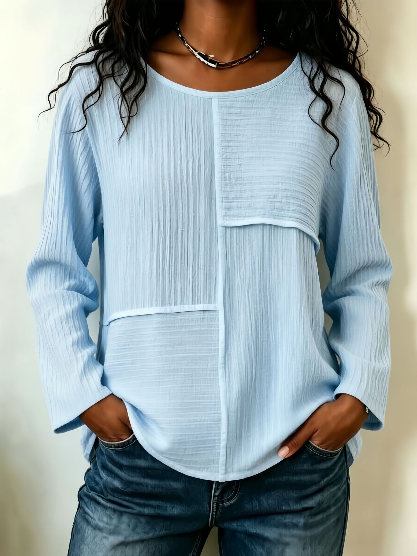 Women’s Patchwork Crewneck Long Sleeve Top Textured Loose Fit Casual Blouse