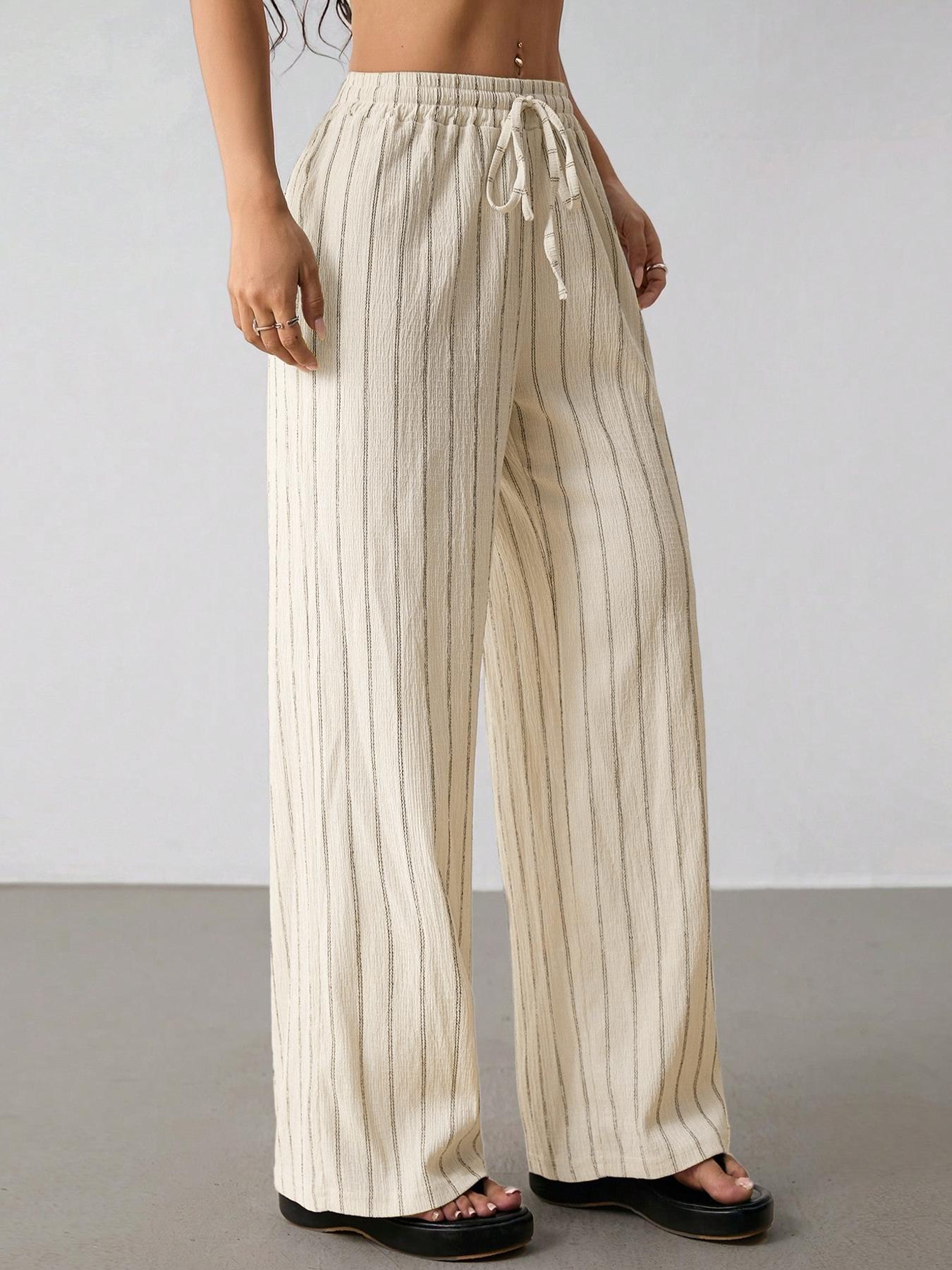 Women’s Striped Wide Leg Pants High Waist Drawstring Casual Loose Trousers