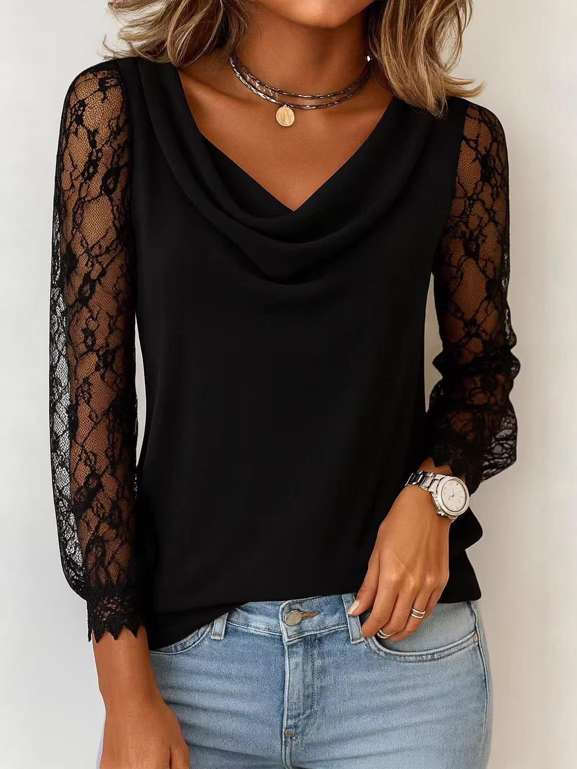 Lace Sleeve Draped Cowl Neck Blouse