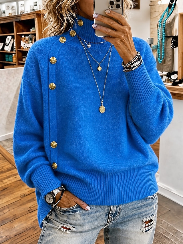 Decorative Button High Collar Knit Sweater