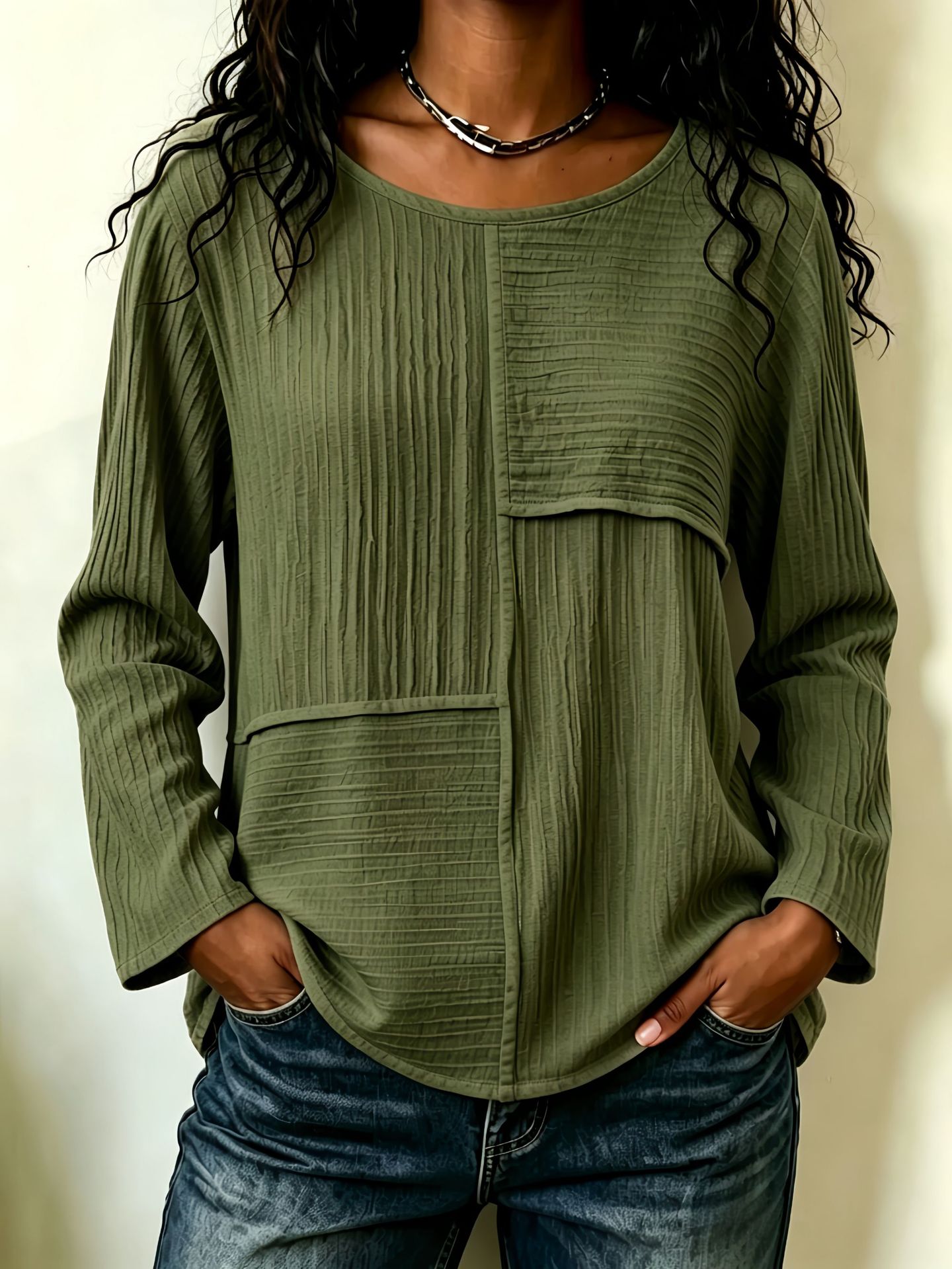 Women’s Patchwork Crewneck Long Sleeve Top Textured Loose Fit Casual Blouse