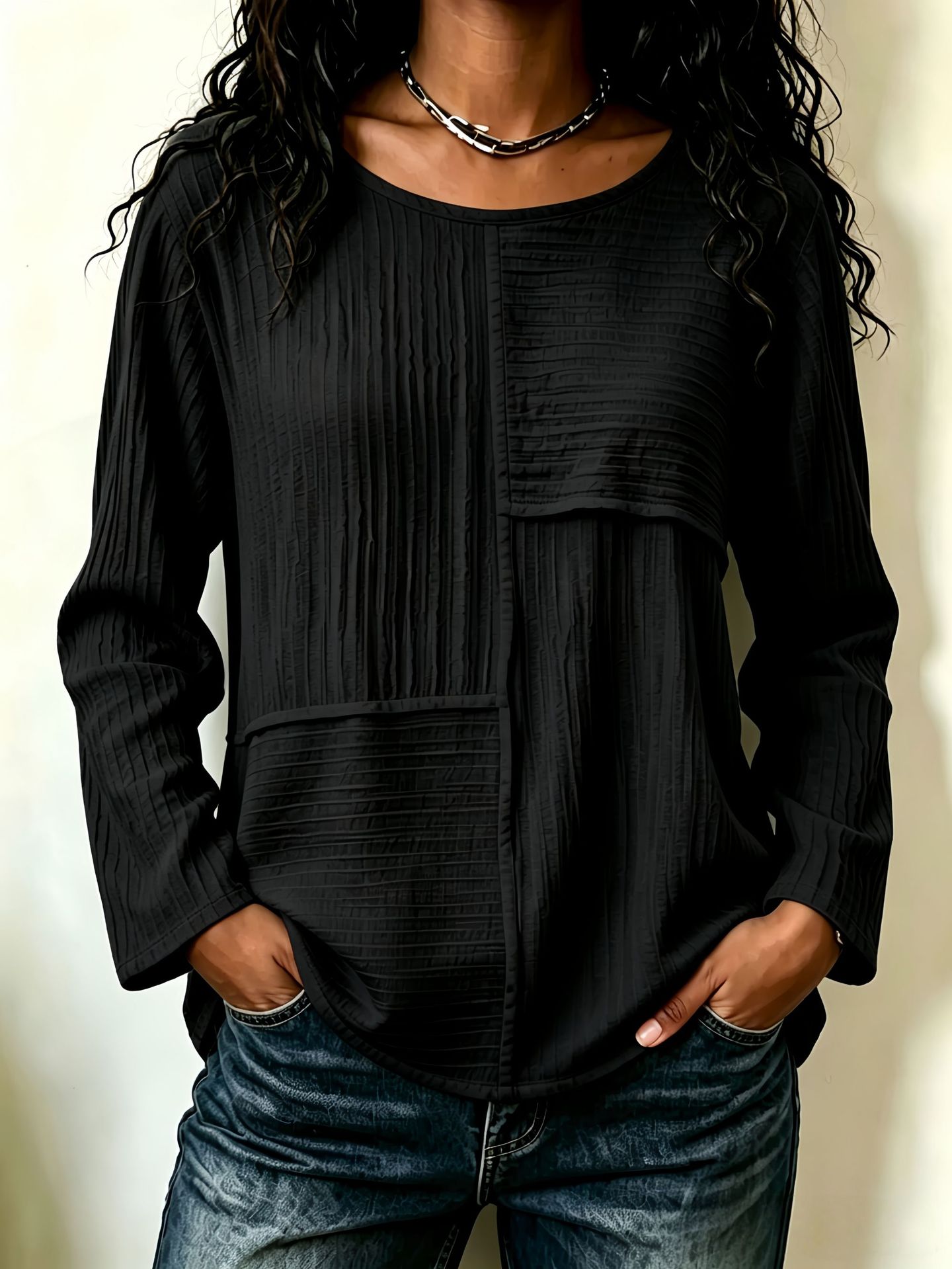 Women’s Patchwork Crewneck Long Sleeve Top Textured Loose Fit Casual Blouse