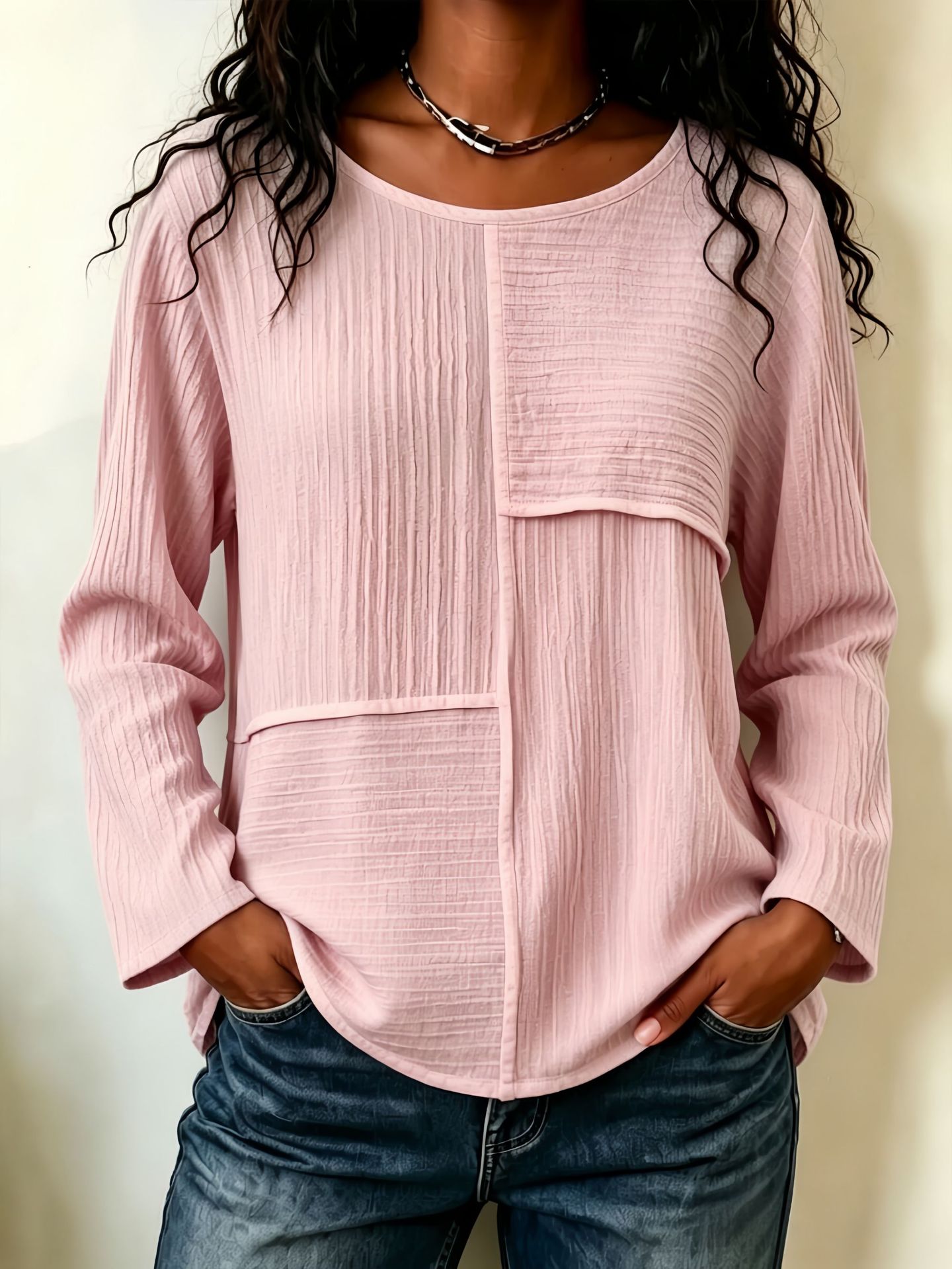 Women’s Patchwork Crewneck Long Sleeve Top Textured Loose Fit Casual Blouse