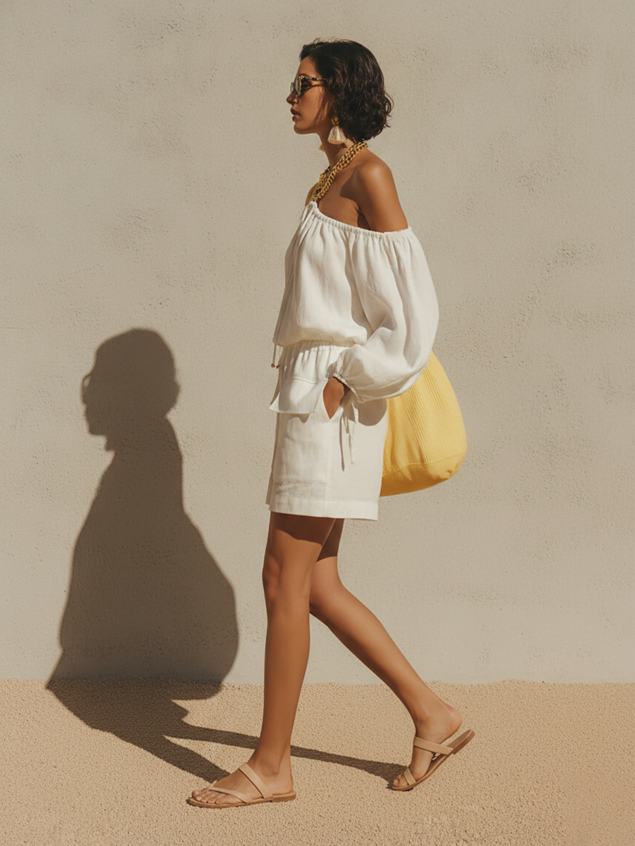 Women's White Linen-Blend Off-the-Shoulder Jumpsuit With Drawstring Neck & Cargo Pocket Shorts, Casual Summer Vacation Jumpsuit