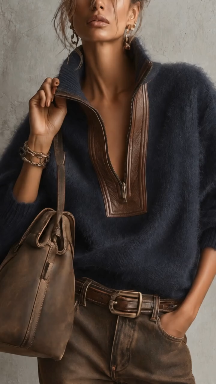 Blue Oversized Mohair Pu Leather Trim Half Zip Sweater
