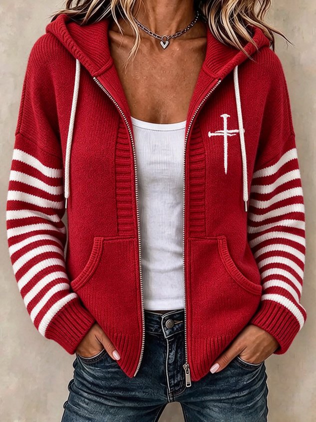 Women Striped Long Sleeve Hoodie Casual Spring/Fall Jacket Outerwear