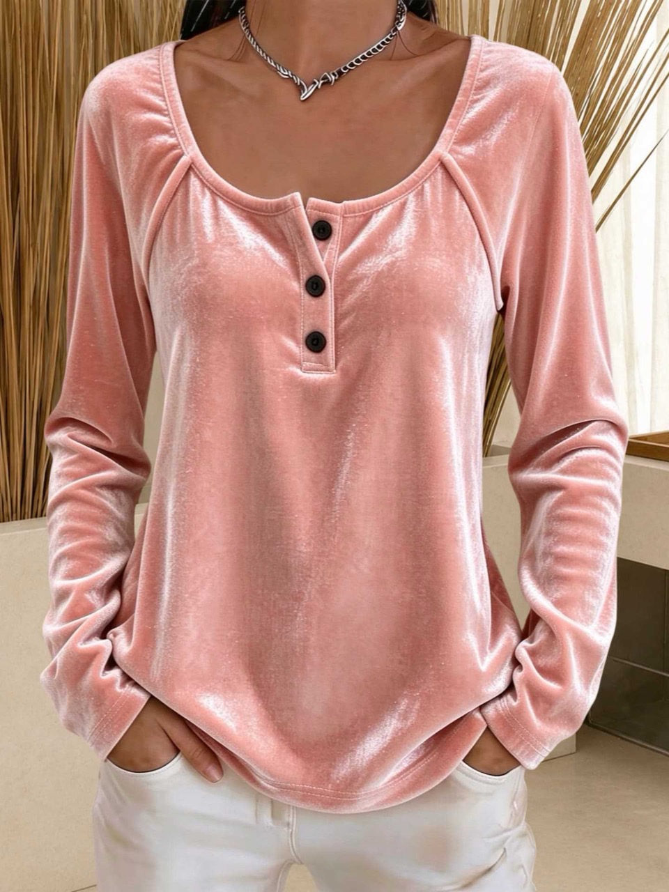✨👚 Women's Solid Color Velvet Long-Sleeve Crew Neck Button-Up Top 🤎💫