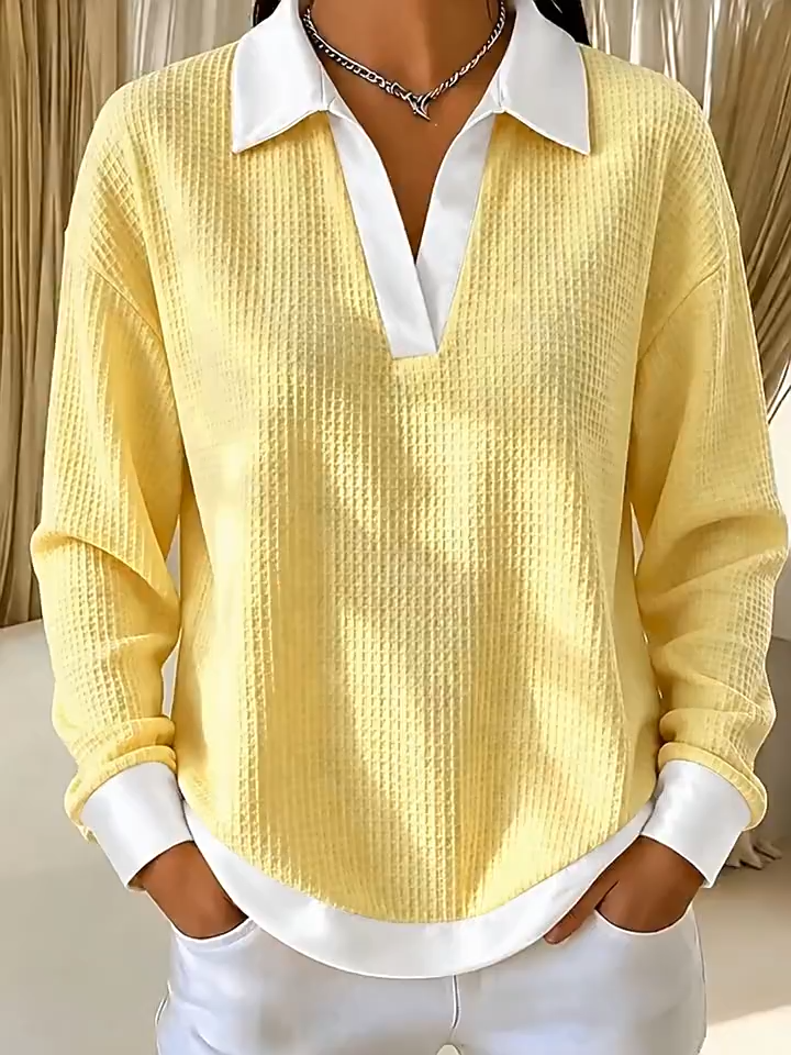 👚 Women's V-Neck Waffle-Knit Contrast Loose-Fit Casual Collared Long-Sleeve Sweatshirt 🤍