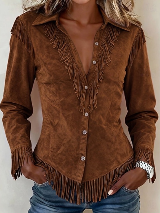 Women's Shirt Blouse Patchwork Buttons Fringe Plain Bohemia Stylish Western Long Sleeve Shirt Collar Regular Tops