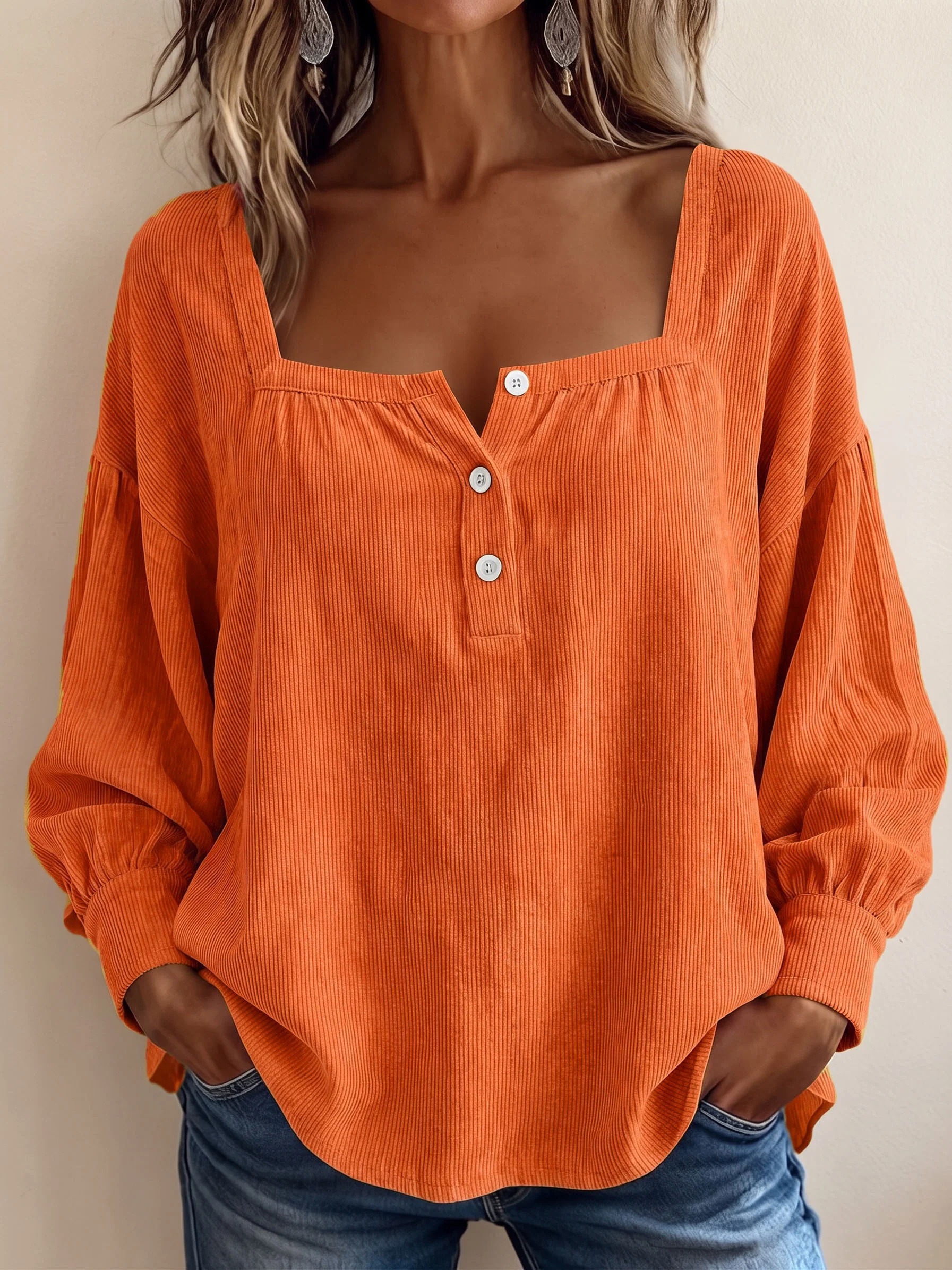 Women’s Square Neck Henley Blouse, Ribbed Puff Long Sleeve Loose Casual Top