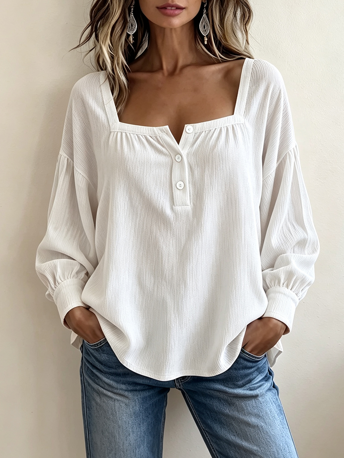 Women’s Square Neck Henley Blouse, Ribbed Puff Long Sleeve Loose Casual Top