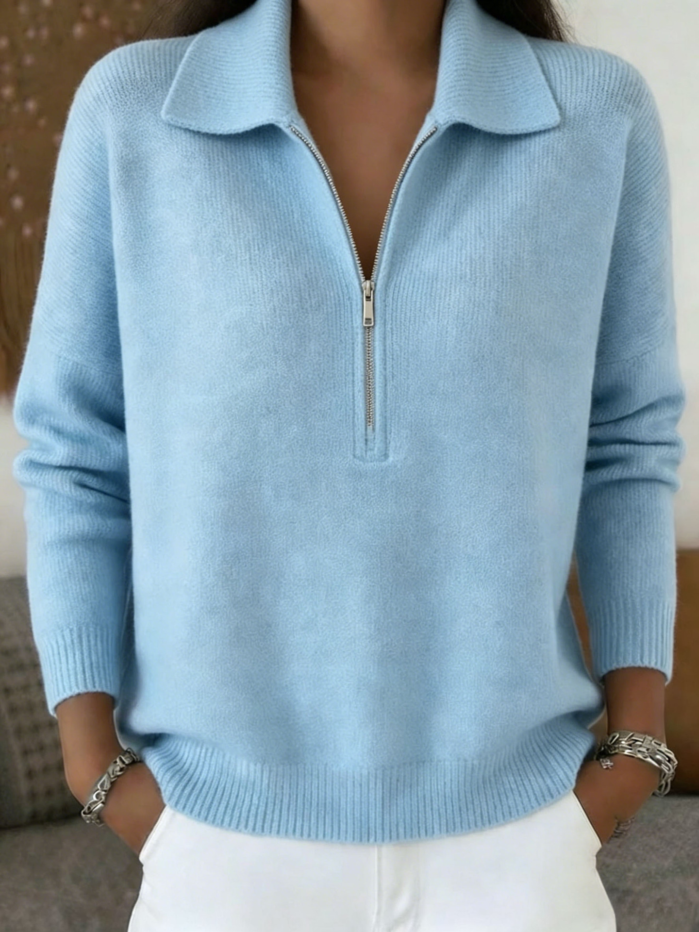 Women’s Quarter Zip Knit Sweater, Collared Pullover Top Relaxed Fit Casual Long Sleeve Jumper