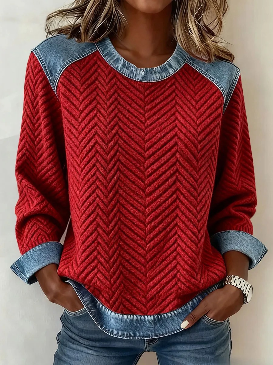 Women's Denim Patchwork Knit Sweater Crewneck Long Sleeve Casual Top
