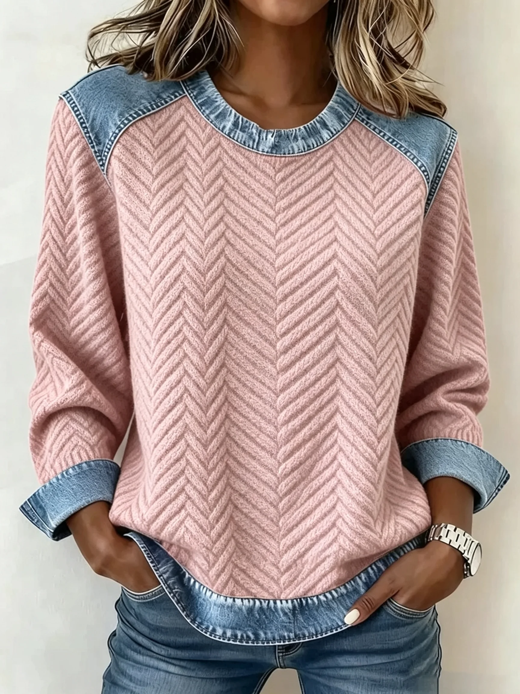 Women's Denim Patchwork Knit Sweater Crewneck Long Sleeve Casual Top