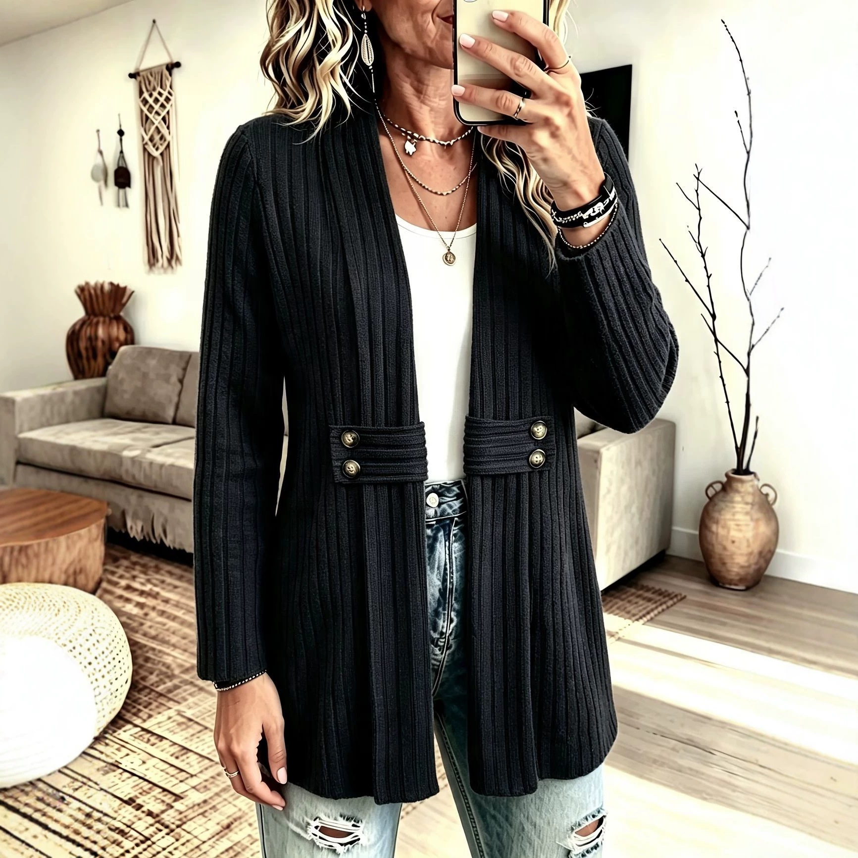 Women’s Vertical Ribbed Open Front Cardigan with Button Tab Waist Detail Long Sleeve Knit Jacket