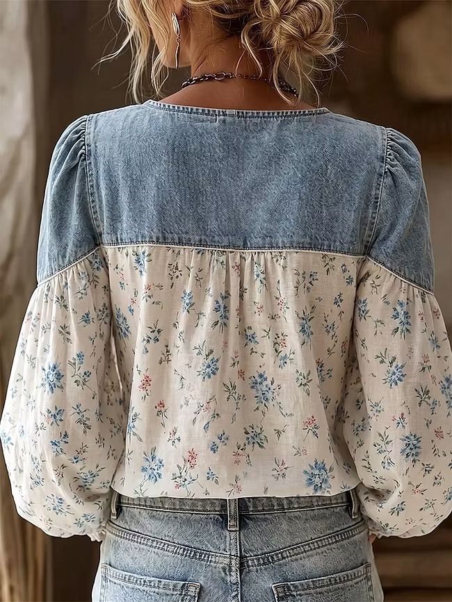 Women’s Denim Patchwork Floral Blouse V-Neck Button Long Sleeve Top