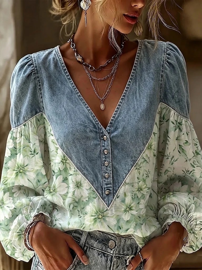 Women’s Denim Patchwork Floral Blouse V-Neck Button Long Sleeve Top
