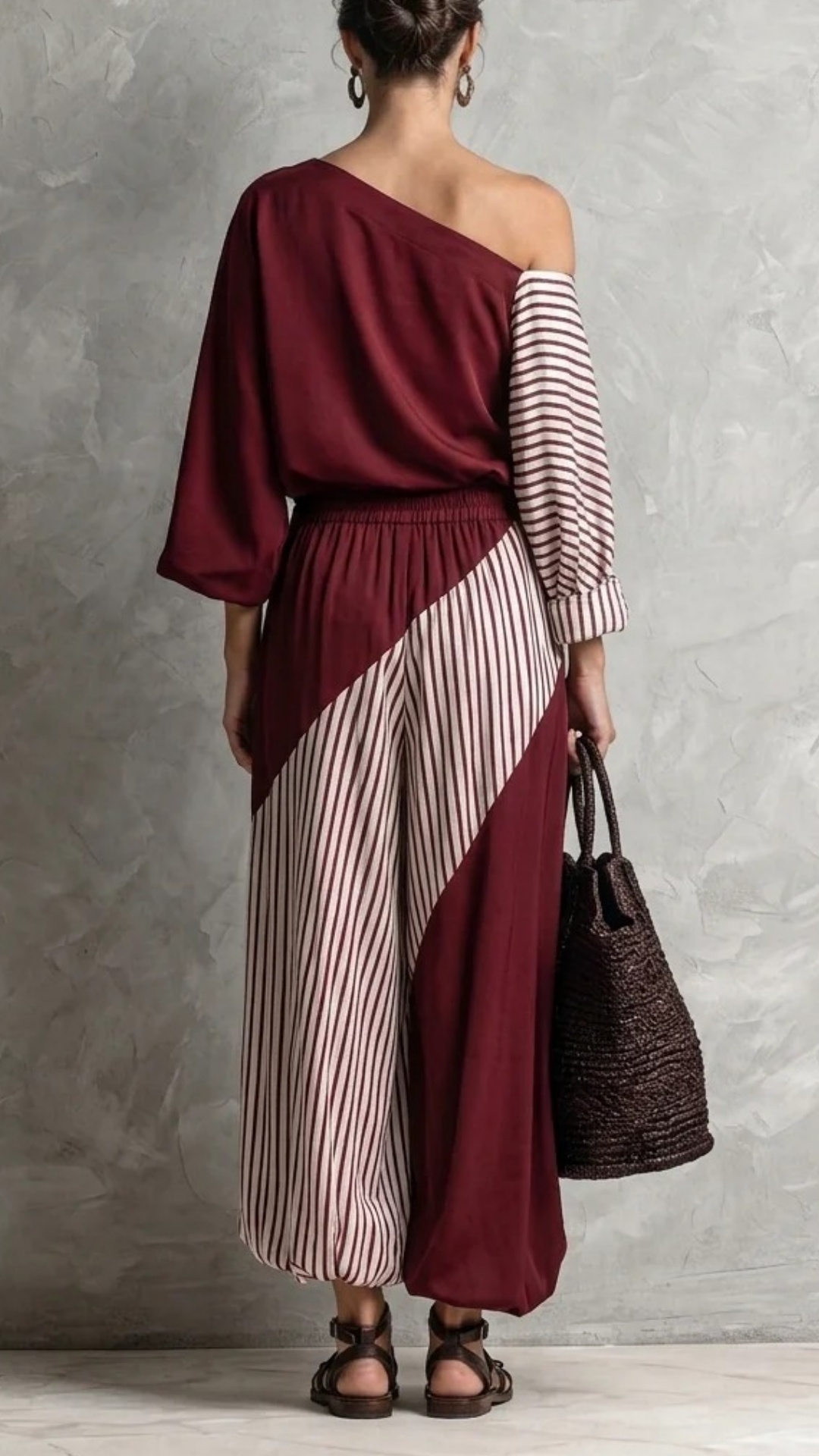 Women's Elegant Dark Red Striped Print Woven One-Shoulder Long-Sleeve Top And Pants Two-Piece Set
