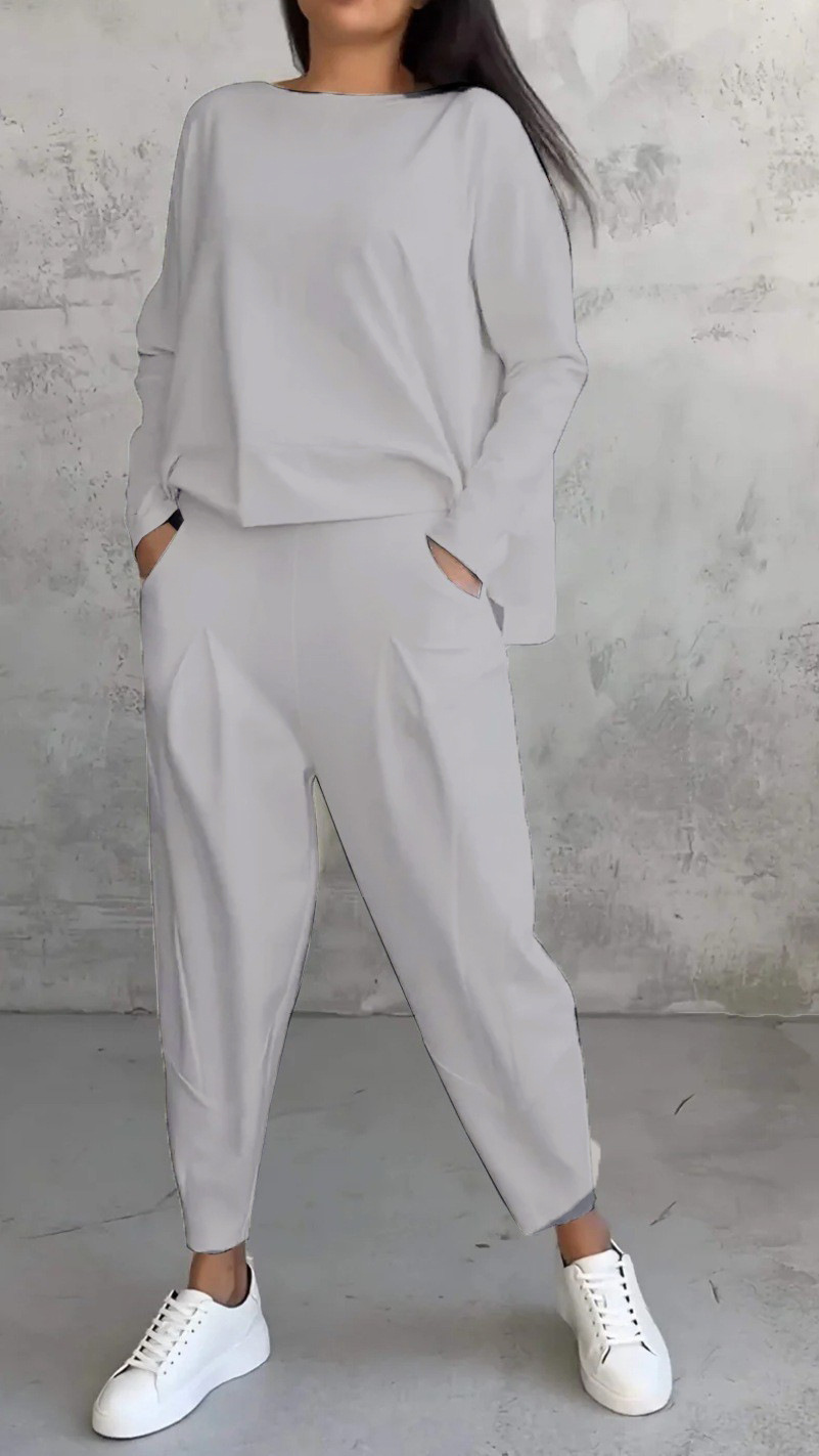 Women’s Boat Neck Long Sleeve Top & Carrot Pants Set White Casual Loungewear Outfit