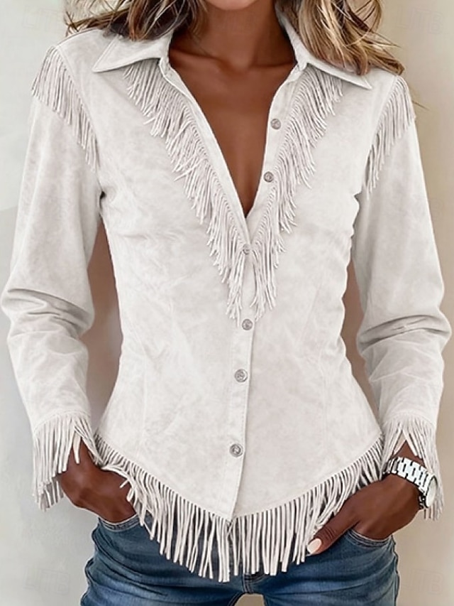 Women's Shirt Blouse Patchwork Buttons Fringe Plain Bohemia Stylish Western Long Sleeve Shirt Collar Regular Tops