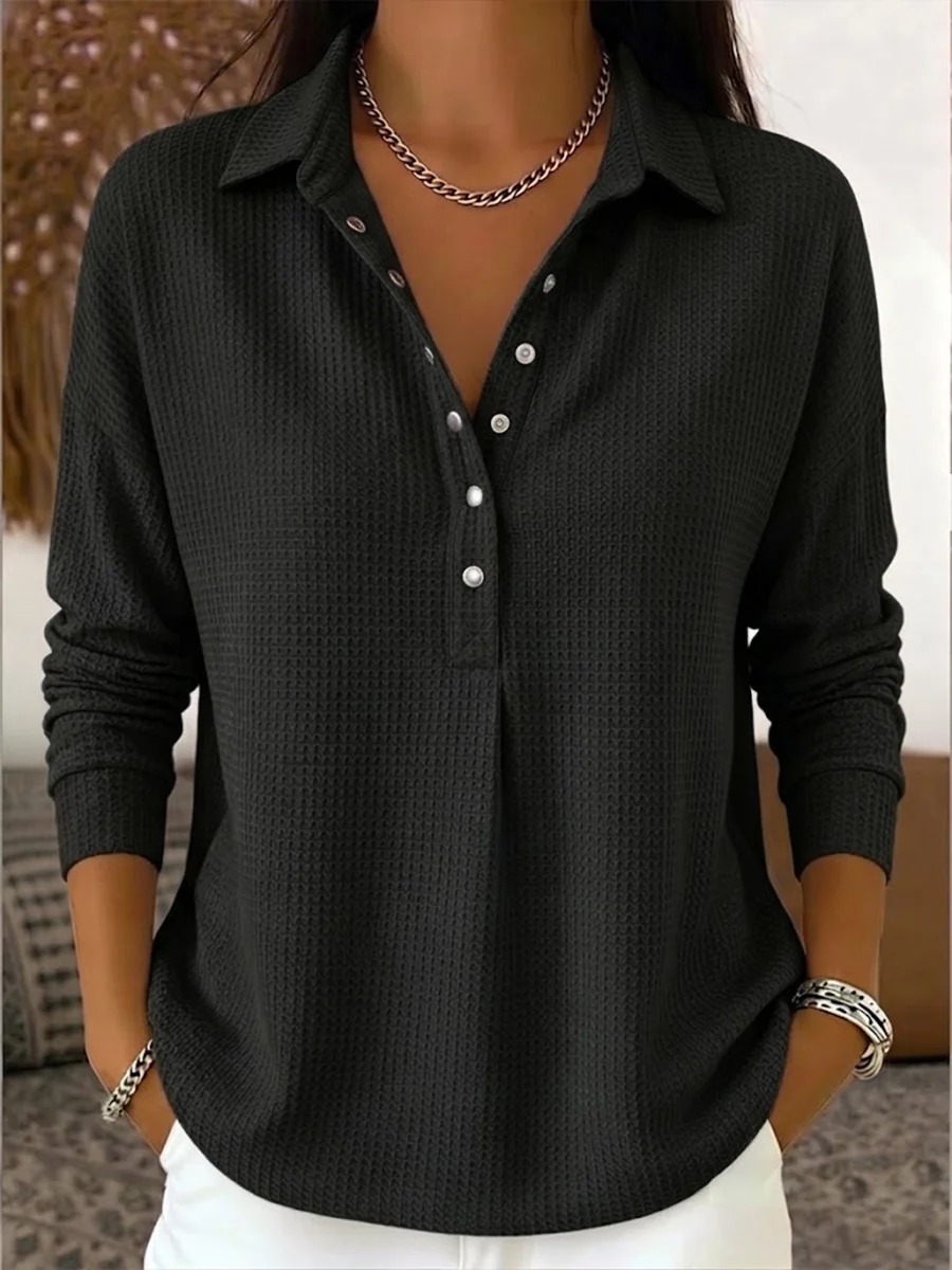 Waffle Knit Henley Polo Long Sleeve Top