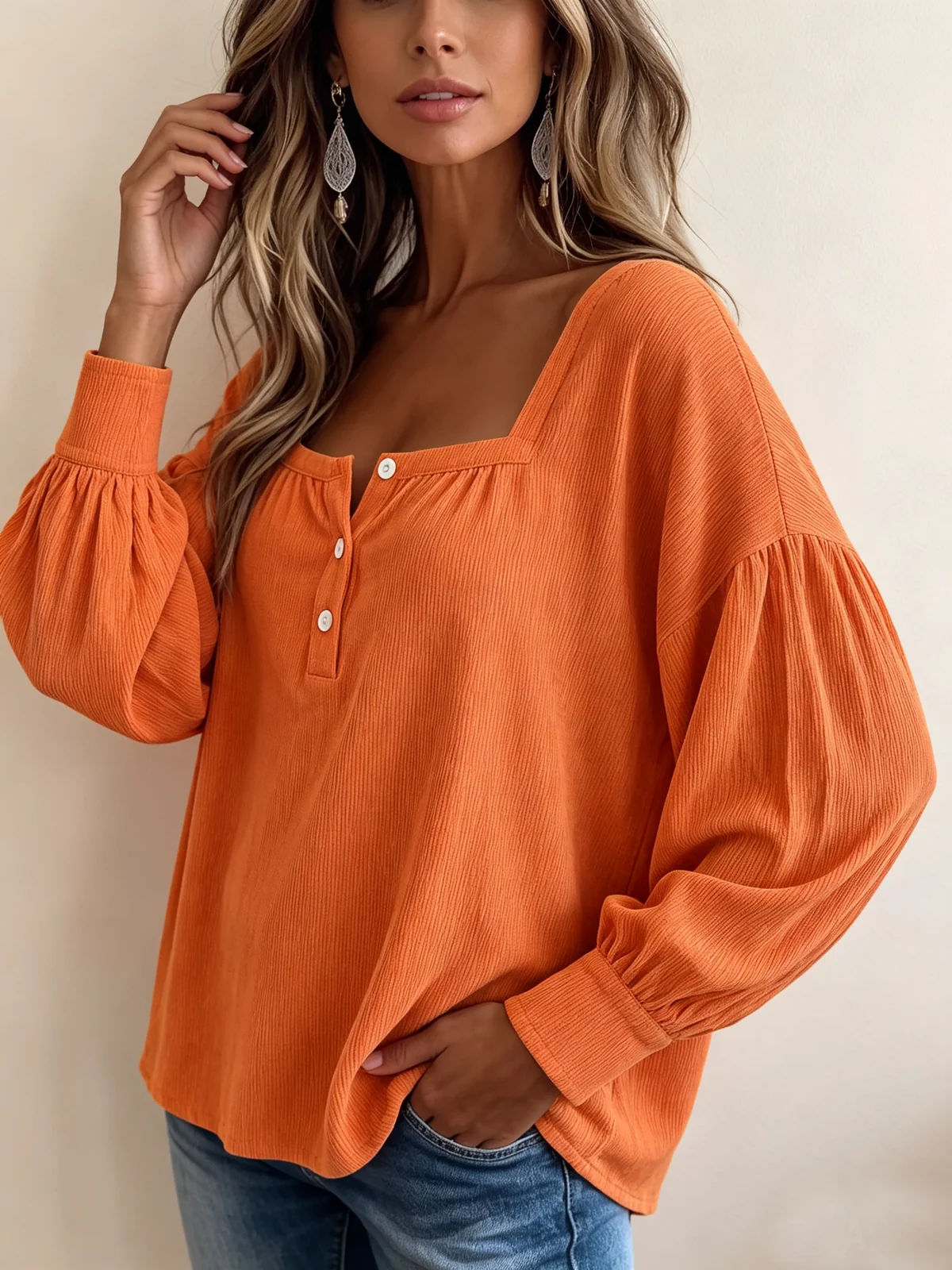 Women’s Square Neck Henley Blouse, Ribbed Puff Long Sleeve Loose Casual Top