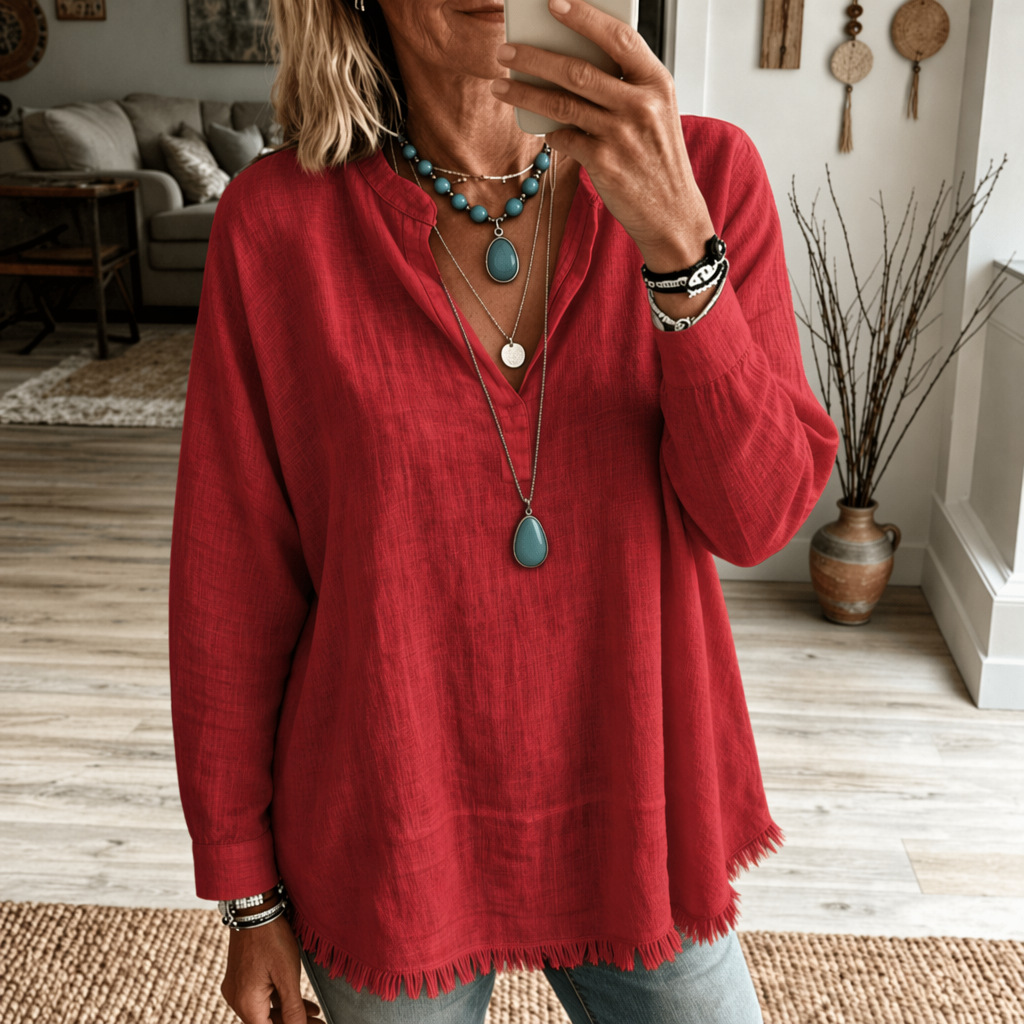 Women’s Fringe Trim V Neck Blouse, Loose Fit Long Sleeve Casual Tunic Top Boho Style Shirt