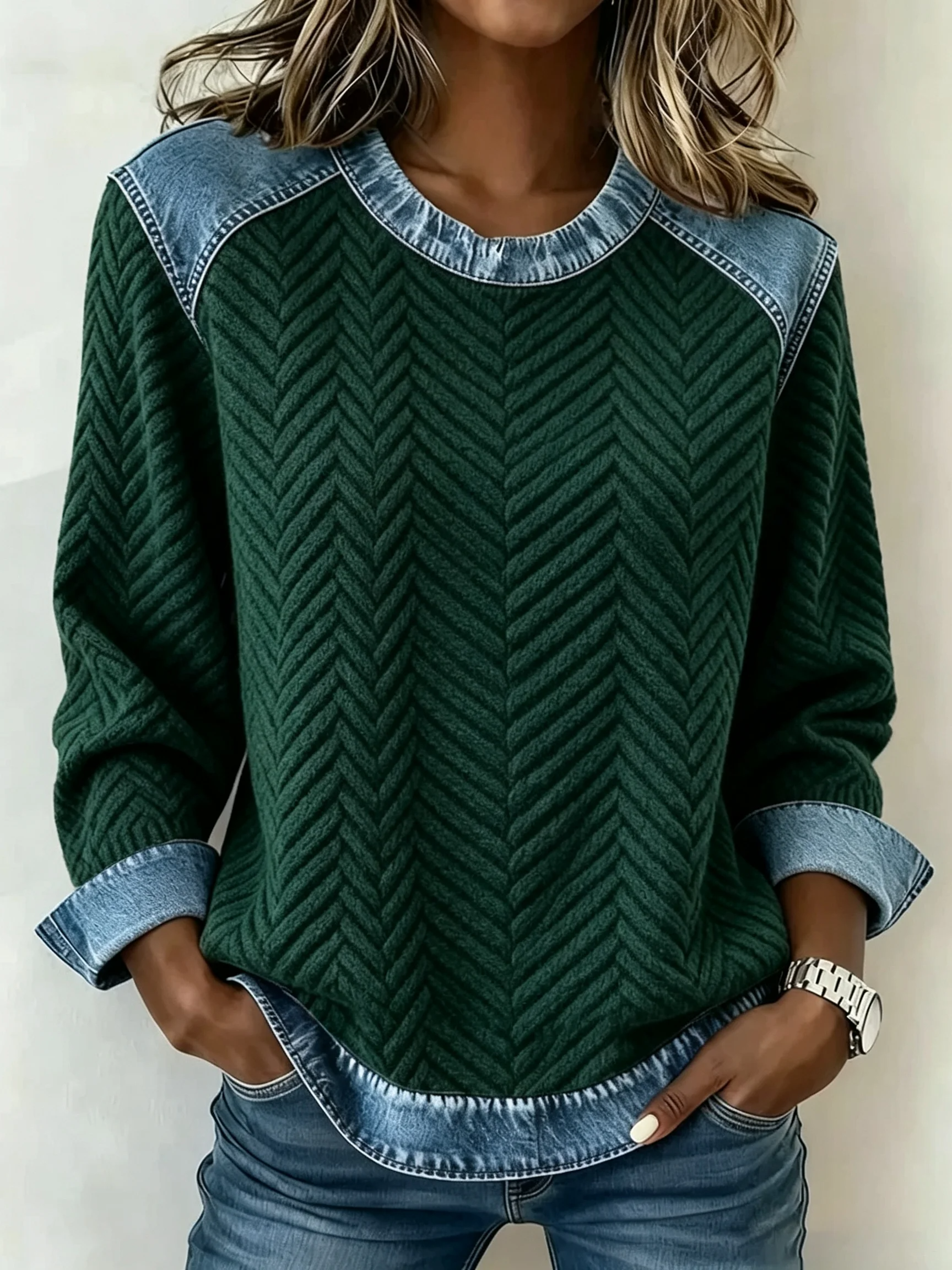 Women's Denim Patchwork Knit Sweater Crewneck Long Sleeve Casual Top