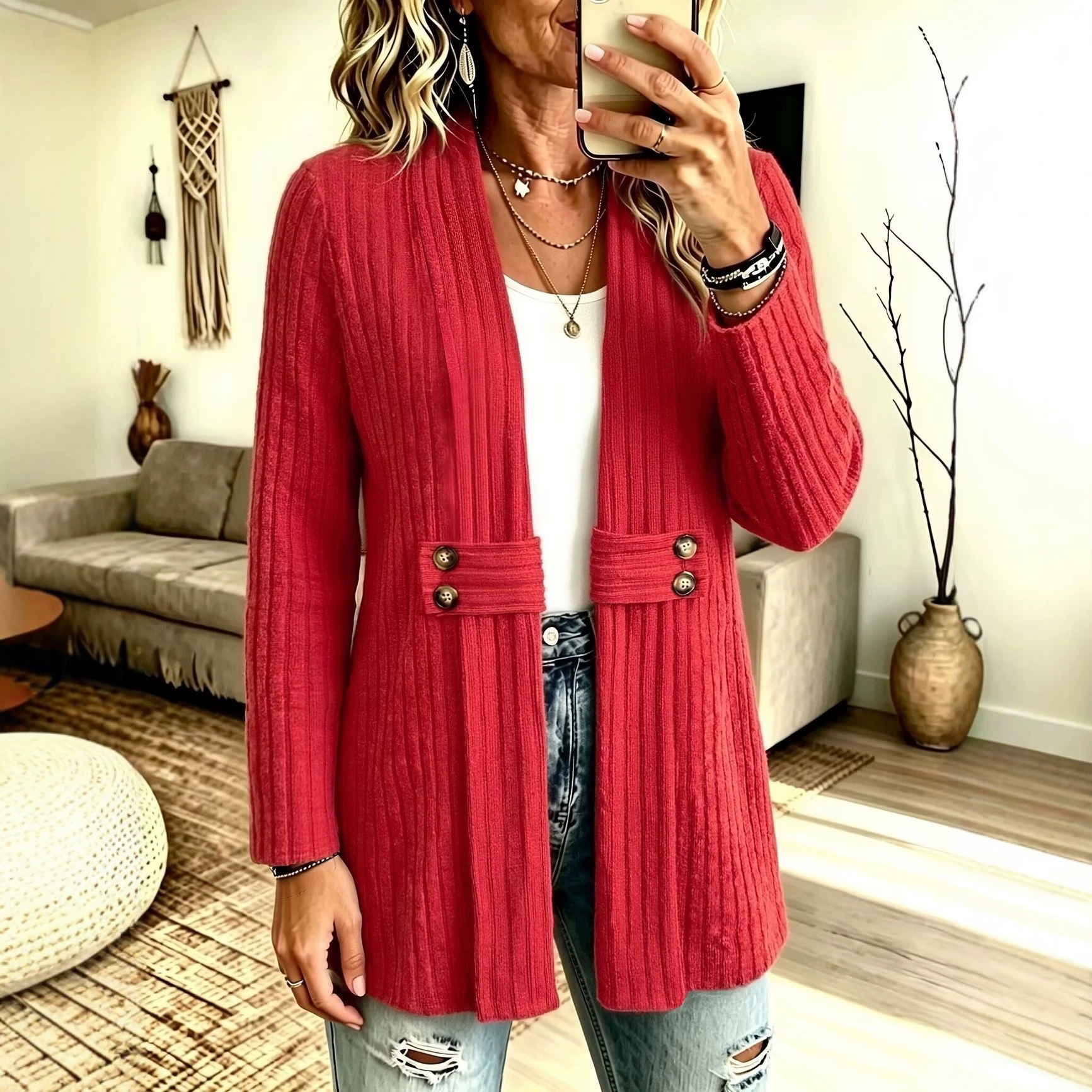 Women’s Vertical Ribbed Open Front Cardigan with Button Tab Waist Detail Long Sleeve Knit Jacket