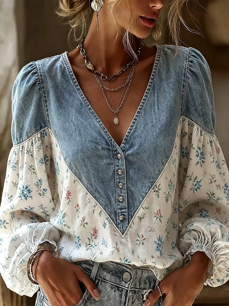 Women’s Denim Patchwork Floral Blouse V-Neck Button Long Sleeve Top