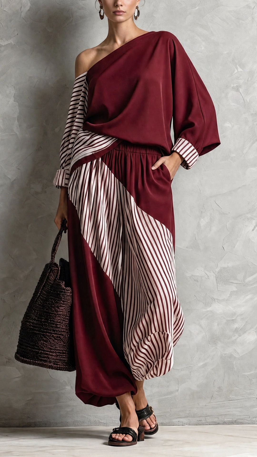 Women's Elegant Dark Red Striped Print Woven One-Shoulder Long-Sleeve Top And Pants Two-Piece Set