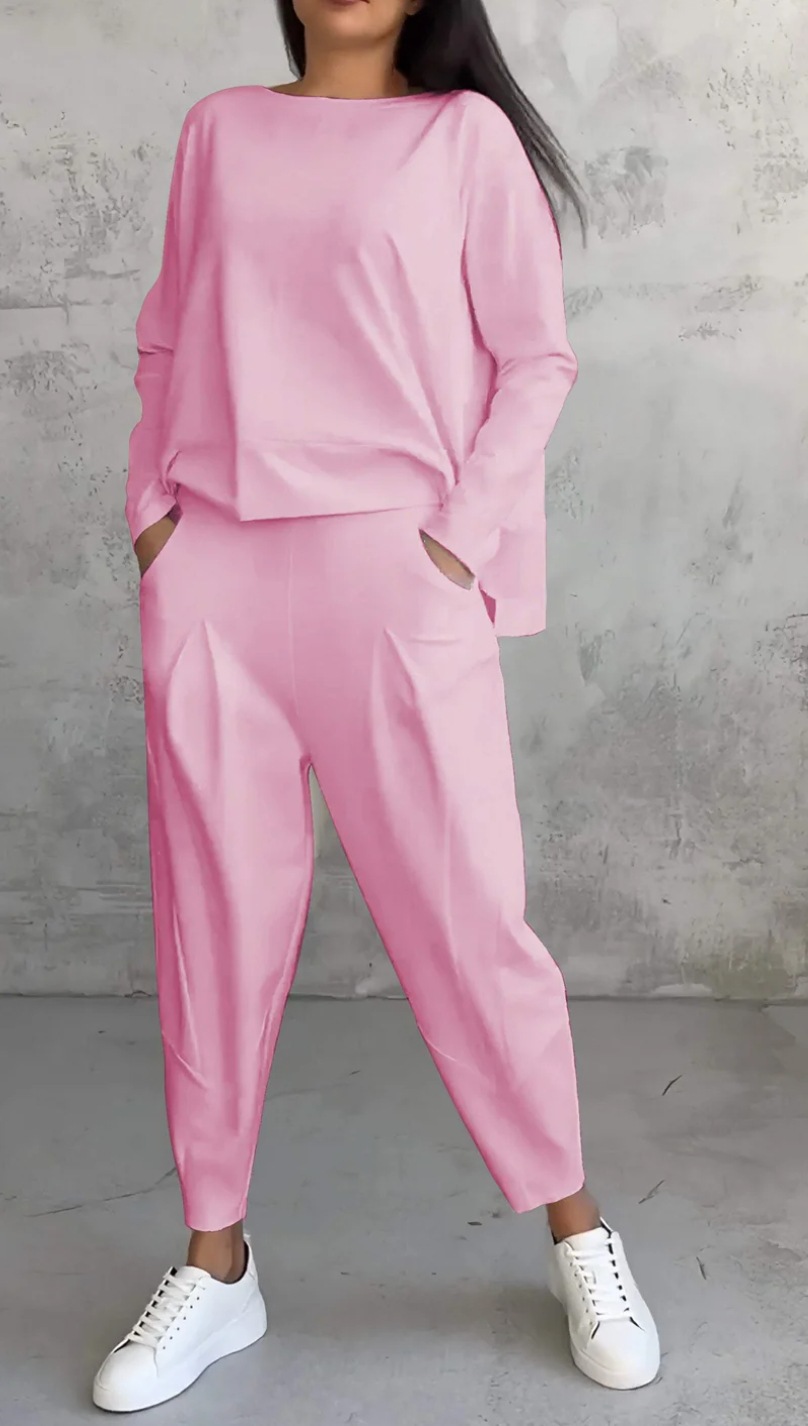Women’s Boat Neck Long Sleeve Top & Carrot Pants Set White Casual Loungewear Outfit