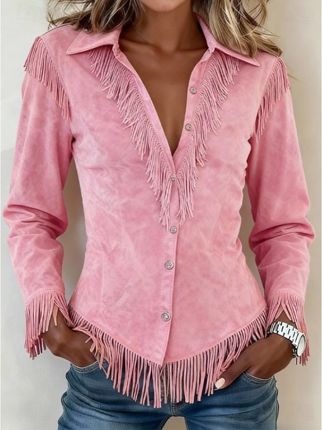Women's Shirt Blouse Patchwork Buttons Fringe Plain Bohemia Stylish Western Long Sleeve Shirt Collar Regular Tops
