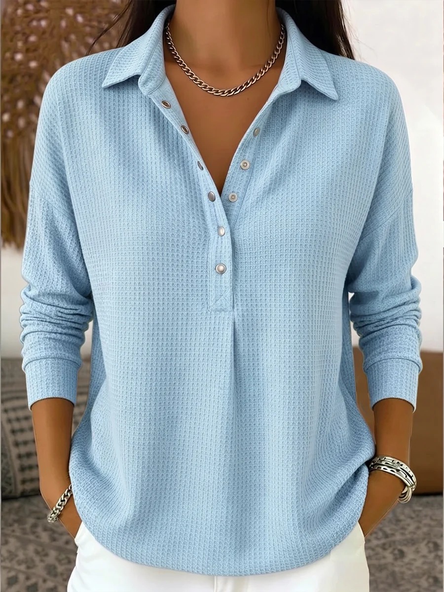 Waffle Knit Henley Polo Long Sleeve Top