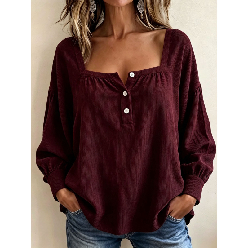 Women’s Square Neck Henley Blouse, Ribbed Puff Long Sleeve Loose Casual Top