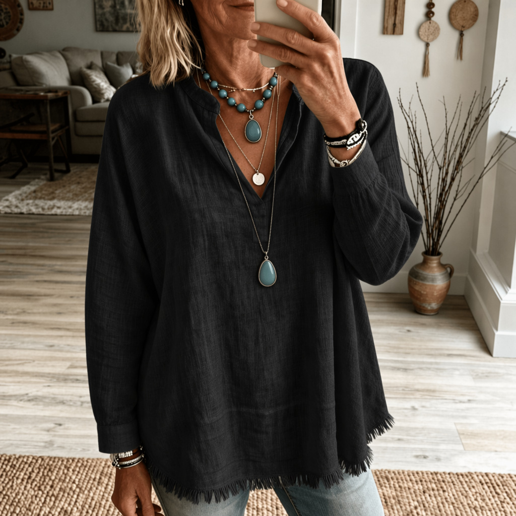 Women’s Fringe Trim V Neck Blouse, Loose Fit Long Sleeve Casual Tunic Top Boho Style Shirt