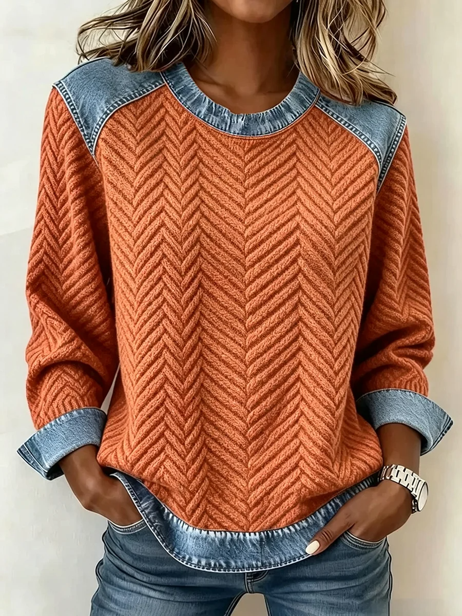 Women's Denim Patchwork Knit Sweater Crewneck Long Sleeve Casual Top