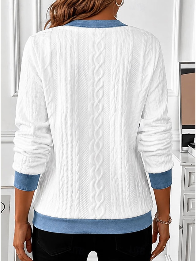 Women’s Denim Patchwork Knit Top Zip Neck Long Sleeve Casual Sweater