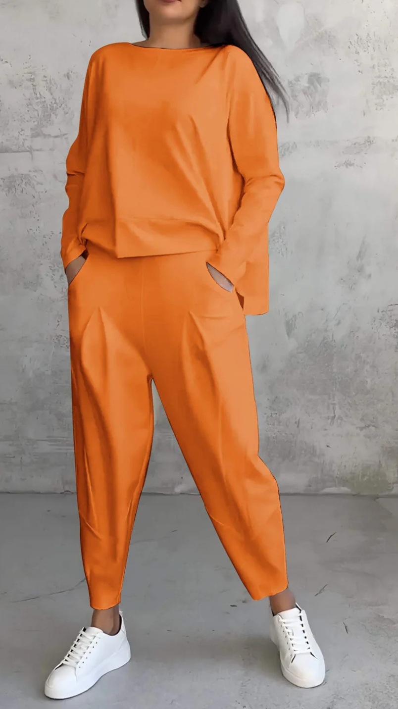 Women’s Boat Neck Long Sleeve Top & Carrot Pants Set White Casual Loungewear Outfit