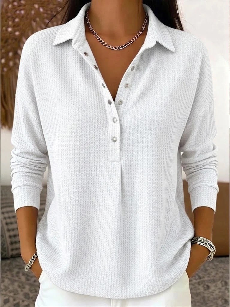 Waffle Knit Henley Polo Long Sleeve Top