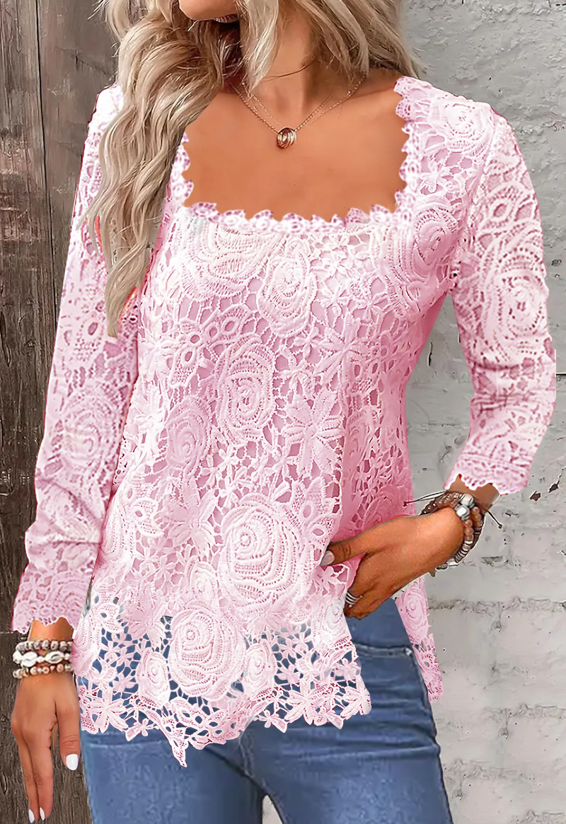 Women’s Floral Lace Square Neck  Scalloped Hem Blouse