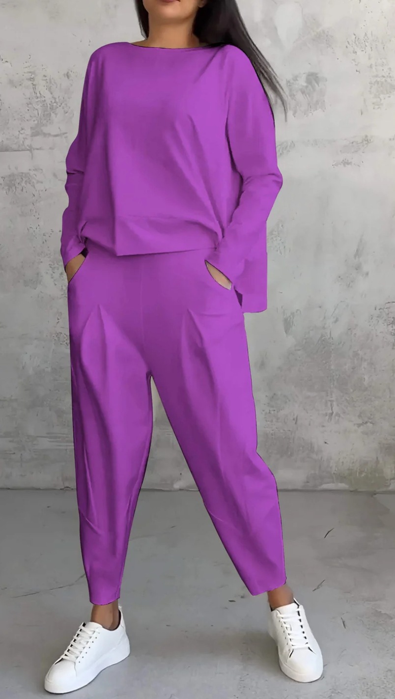 Women’s Boat Neck Long Sleeve Top & Carrot Pants Set White Casual Loungewear Outfit
