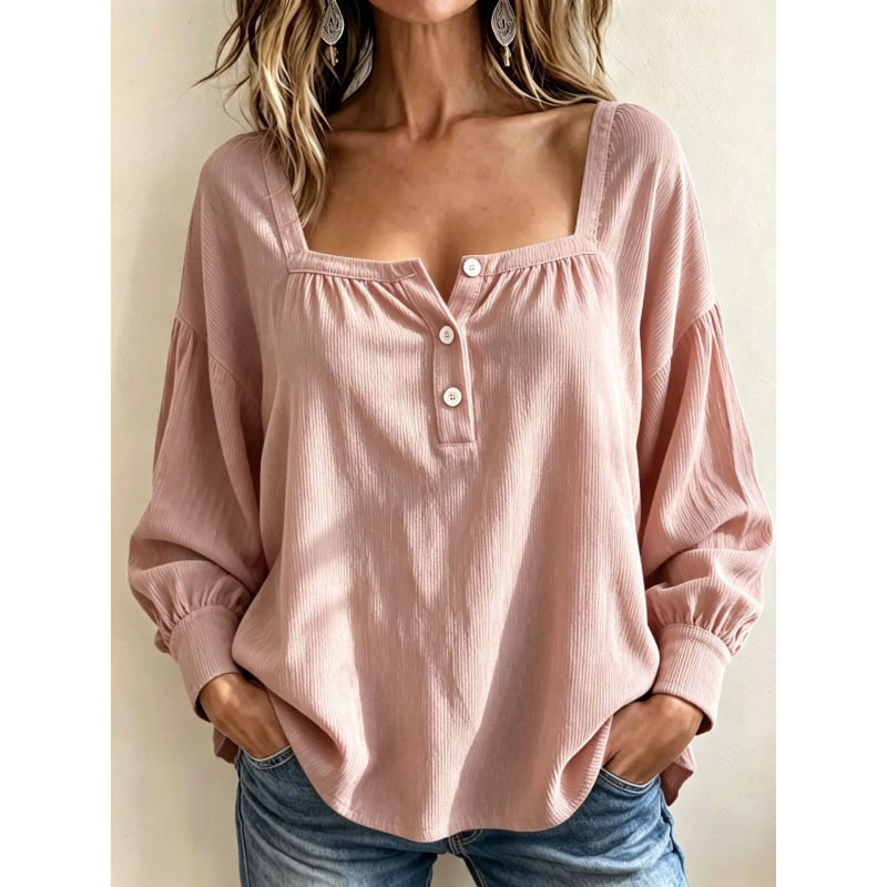 Women’s Square Neck Henley Blouse, Ribbed Puff Long Sleeve Loose Casual Top